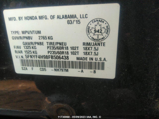 Honda Pilot Touring 2015 5FNYF4H98FB506438 Image 9