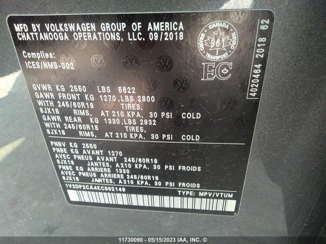 1V2DP2CA4KC502149 Volkswagen ATLAS SE