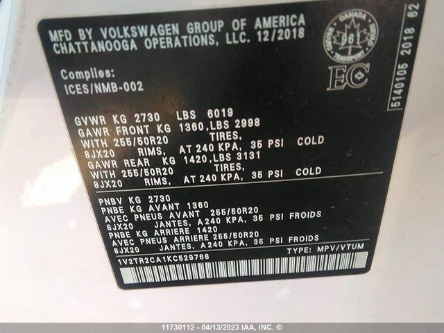1V2TR2CA1KC529766 Volkswagen Atlas Sel Premium