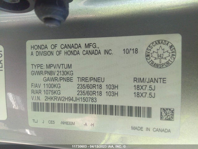 Honda Cr-v Touring 2018 2HKRW2H94JH150783 Image 9