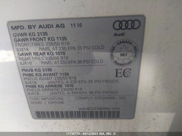 WA1BCCFS9HR011574 Audi Q3 PREMIUM