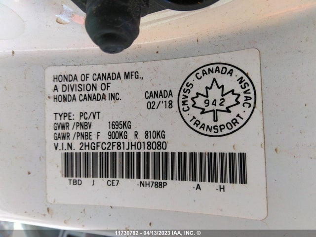 Honda CIVIC EX 2018 2HGFC2F81JH018080 Image 9