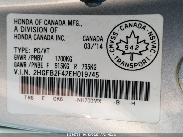 Honda Civic Lx 2014 2HGFB2F42EH019745 Image 9