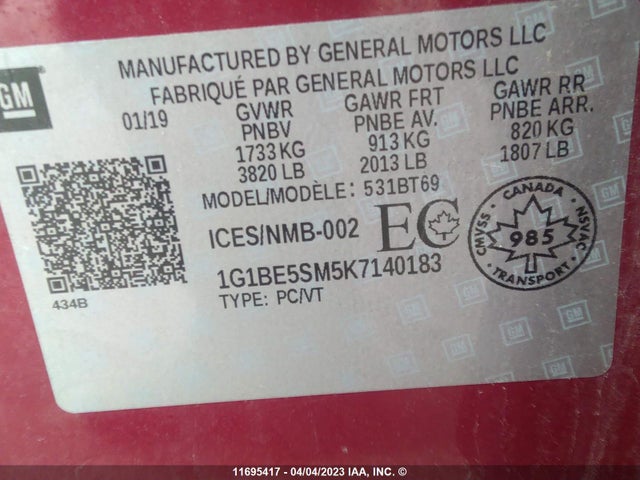Chevrolet CRUZE LT 2019 1G1BE5SM5K7140183 Image 9