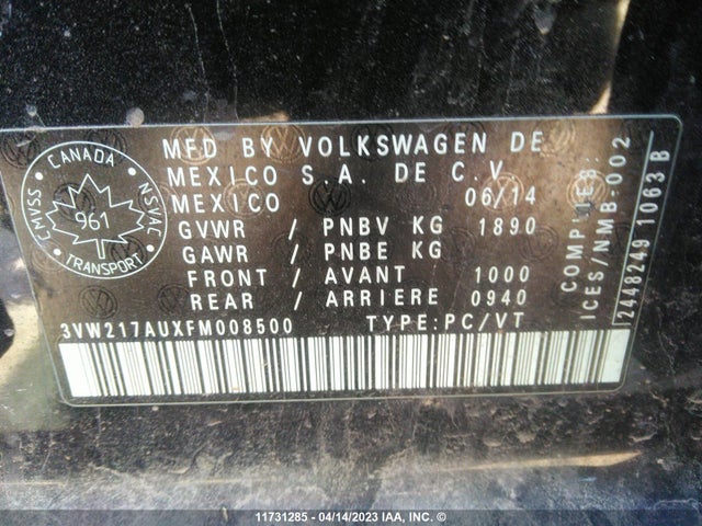 3VW217AUXFM008500 Volkswagen GOLF