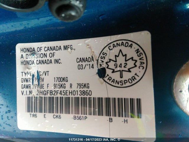 Honda Civic Lx 2014 2HGFB2F45EH013860 Image 9