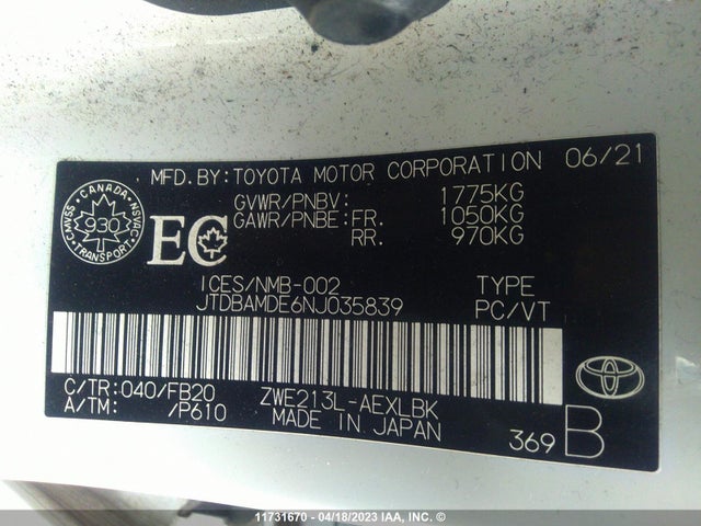 Toyota COROLLA 2022 JTDBAMDE6NJ035839 Image 11