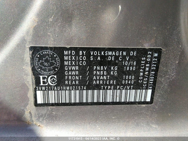 3VW217AU1HM021574 Volkswagen Golf S/wolfsburg/se/sel