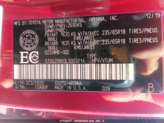 Toyota Highlander Xle 2020 5TDGZRBH3LS003214 Image 11