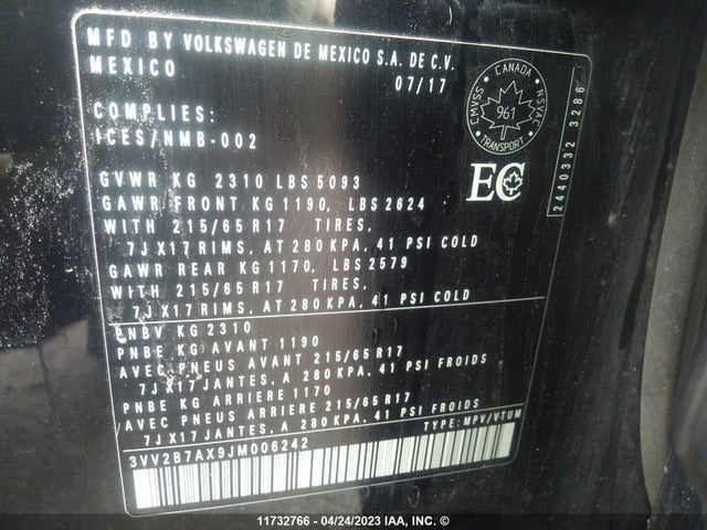3VV2B7AX9JM006242 Volkswagen Tiguan Comfortline