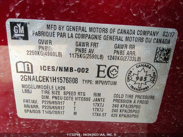 Chevrolet EQUINOX LT 2017 2GNALCEK1H1576808 Image 10