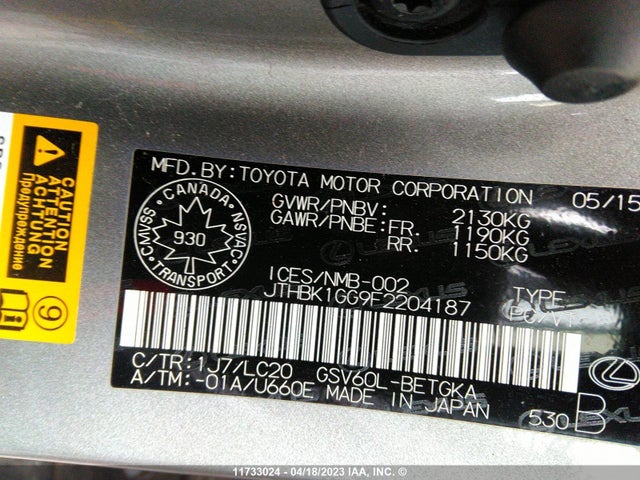 JTHBK1GG9F2204187 Lexus ES 350