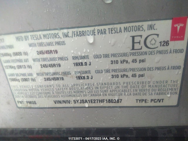5YJSA1E27HF180287 Tesla Model S 100d/90d/75d/60d/p100d