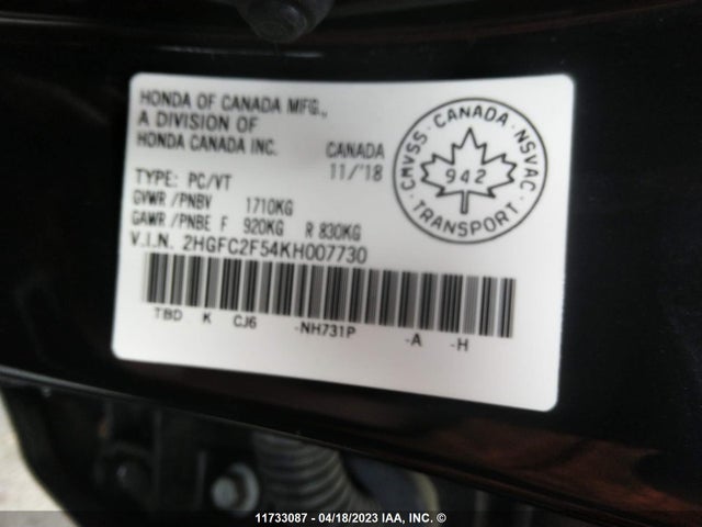 Honda Civic Lx 2019 2HGFC2F54KH007730 Image 11