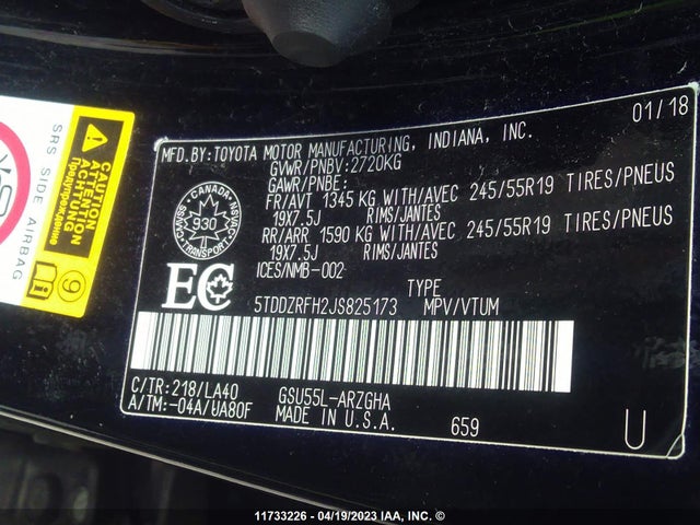 Toyota Highlander Limited 2018 5TDDZRFH2JS825173 Image 10