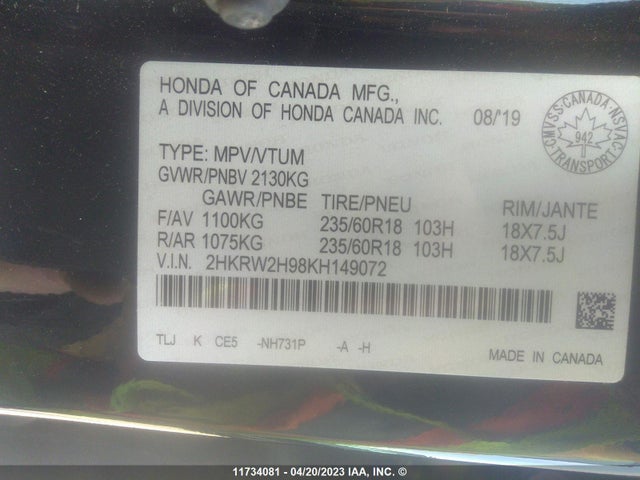 Honda Cr-v Touring 2019 2HKRW2H98KH149072 Image 9
