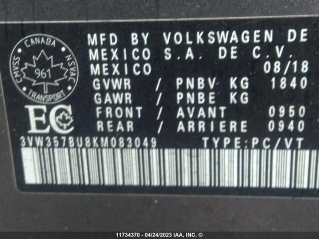 2019 Volkswagen Jetta Execline მანქანა იყიდება აუქციონზე, vin: 3VW357BU8KM083049, აუქციონის ნომერი: 11734370