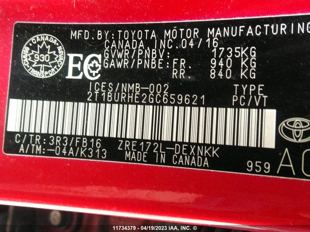 Toyota COROLLA CE/S/LE 2016 2T1BURHE2GC659621 Image 9