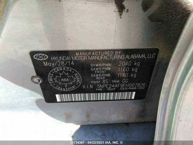 Hyundai Sonata 2.4l Gl 2015 5NPE24AF9FH007826 Image 9
