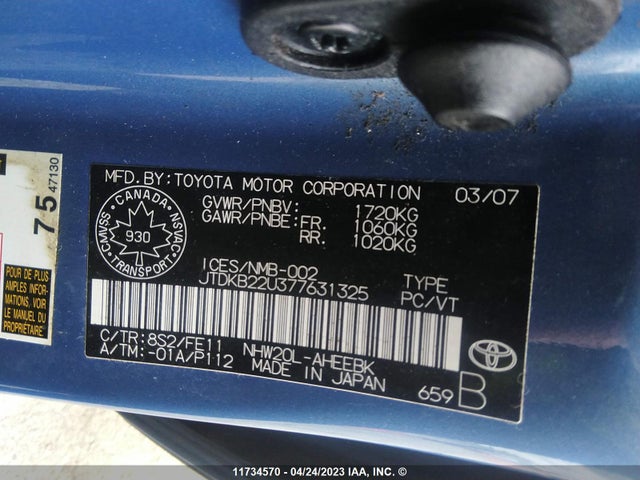 11734570 :رقم المزاد ، JTDKB22U377631325 vin ، 2007 Toyota Prius مزاد بيع