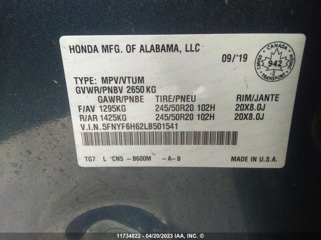 Honda Pilot Touring 7-passenger 2020 5FNYF6H62LB501541 Image 9