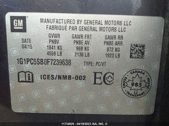 Chevrolet CRUZE LT 2015 1G1PC5SB0F7239638 Image 9