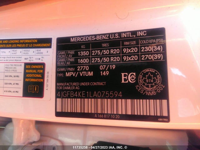 4JGFB4KE1LA075594 Mercedes-Benz Gle Gle 350