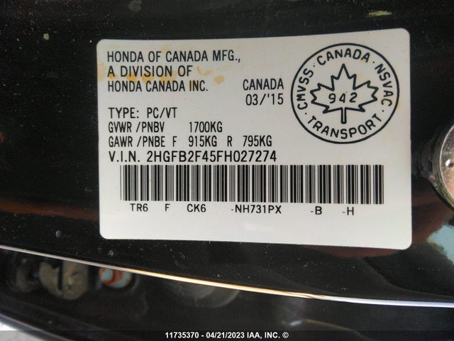 Honda Civic 2015 2HGFB2F45FH027274 Image 9
