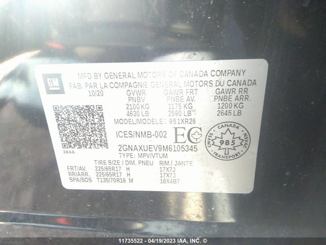 Chevrolet EQUINOX LT 2021 2GNAXUEV9M6105345 Image 9