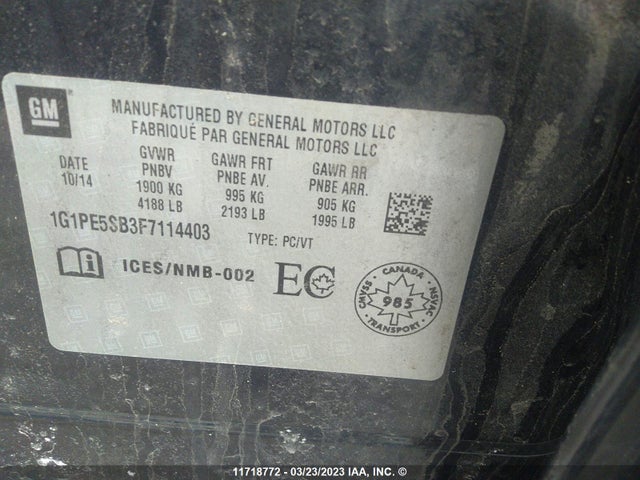 Chevrolet CRUZE LT 2015 1G1PE5SB3F7114403 Image 9