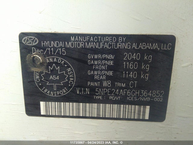 Hyundai Sonata 2.4l Gl 2016 5NPE24AF6GH364852 Image 11