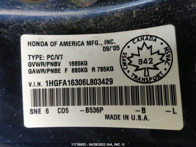 Auction sale of the 2006 Honda Civic Dx Vp, vin: 1HGFA16306L803429, lot number: 11736002