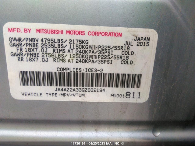 JA4AZ2A33GZ602194 Mitsubishi Outlander Es