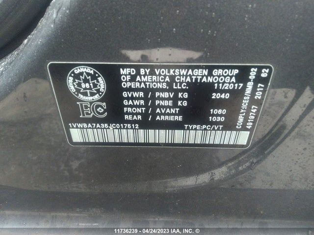 1VWBA7A35JC017512 Volkswagen PASSAT SE