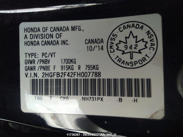 Honda Civic Lx 2015 2HGFB2F42FH007788 Image 9