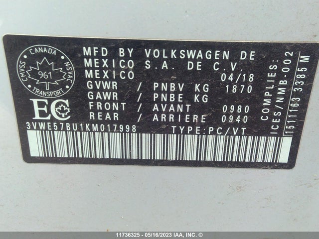 3VWE57BU1KM017998 Volkswagen JETTA SEL
