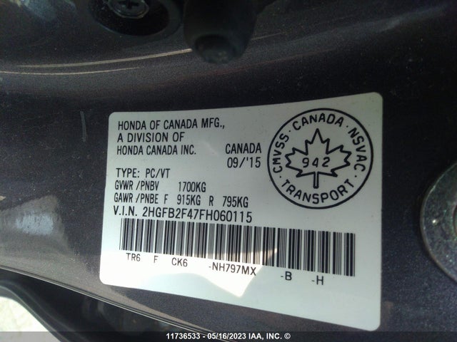 Honda Civic Sedan Lx 2015 2HGFB2F47FH060115 Image 9