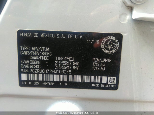 Honda Hr-v Exl 2017 3CZRU6H72HM103245 Image 9