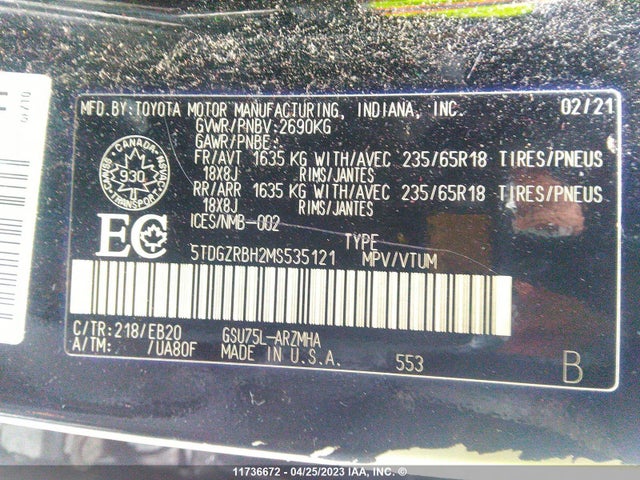 Toyota Highlander Xle 2021 5TDGZRBH2MS535121 Image 10