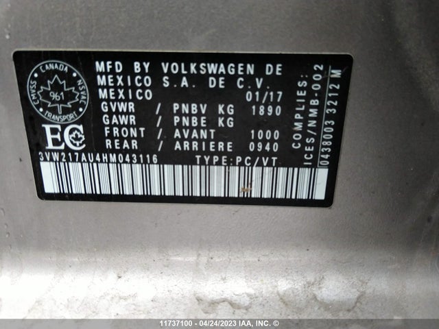 3VW217AU4HM043116 Volkswagen Golf S/wolfsburg/se/sel