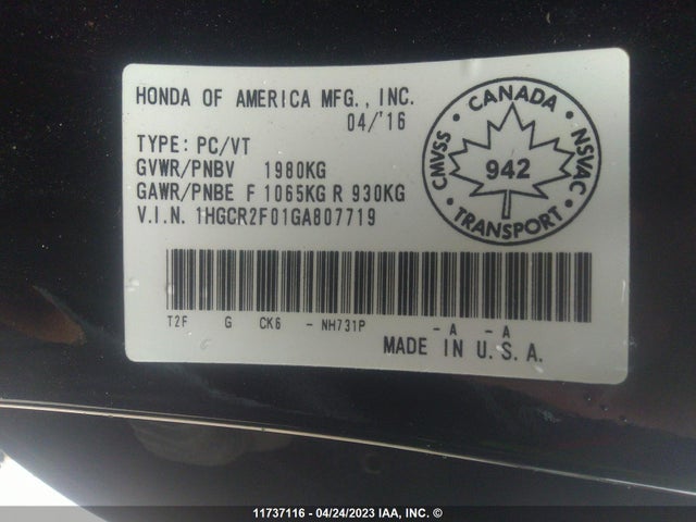 Honda ACCORD EX 2016 1HGCR2F01GA807719 Image 11