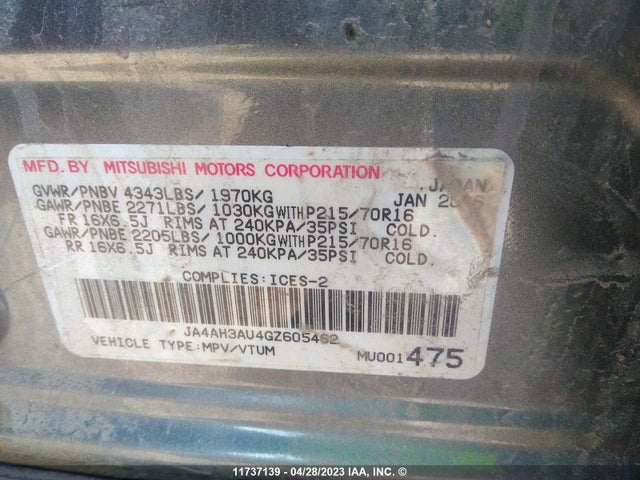 JA4AH3AU4GZ605462 Mitsubishi Rvr Se/es