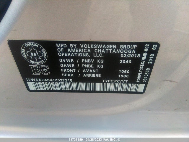 Volkswagen PASSAT 2018 1VWAA7A30JC027215 Image 10