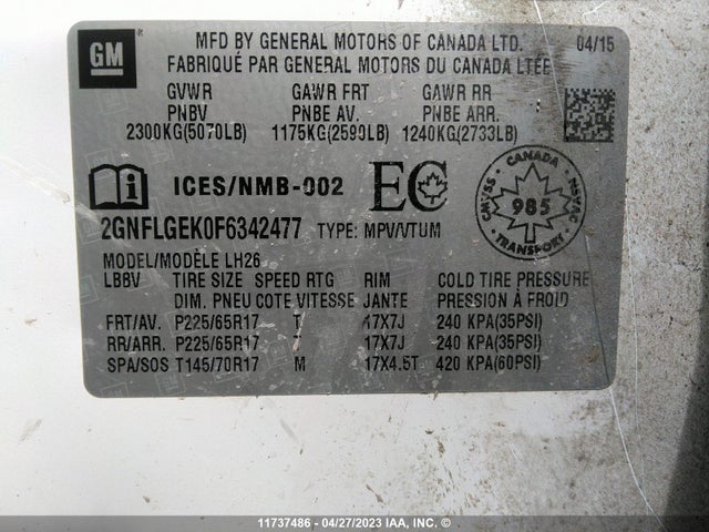 Chevrolet EQUINOX LT 2015 2GNFLGEK0F6342477 Image 9