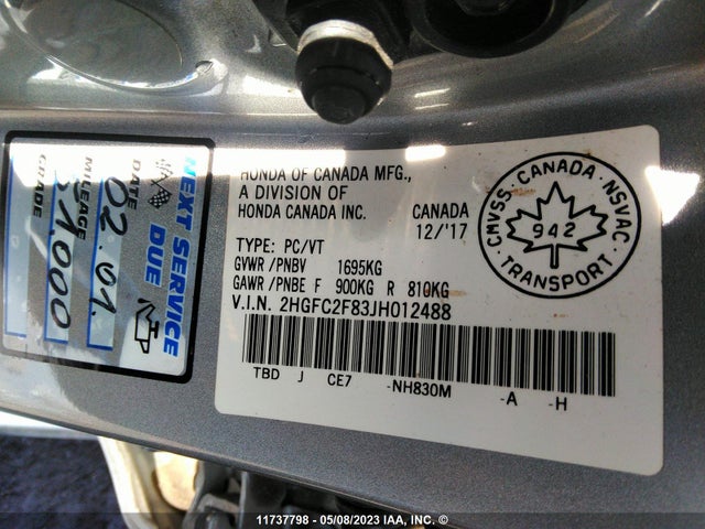 Honda Civic Sedan Ex 2018 2HGFC2F83JH012488 Image 9