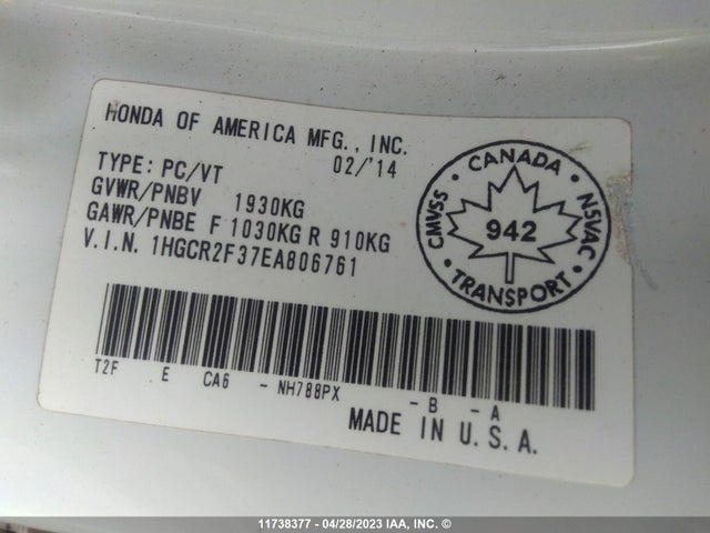 Honda ACCORD LX 2014 1HGCR2F37EA806761 Image 9