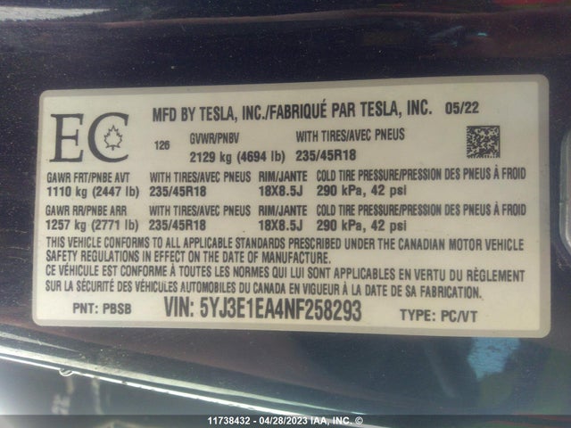 Tesla MODEL 3 2022 5YJ3E1EA4NF258293 Image 10