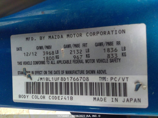 2013 Mazda Mazda3 Gx მანქანა იყიდება აუქციონზე, vin: JM1BL1UF8D1766708, აუქციონის ნომერი: 11738481