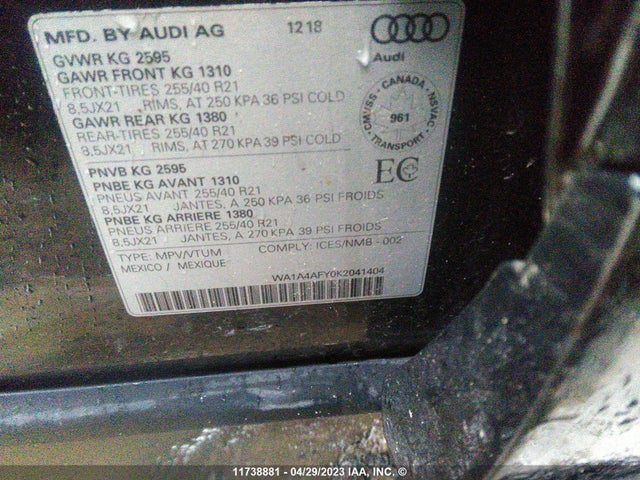 WA1A4AFY0K2041404 Audi Sq5 Progressiv