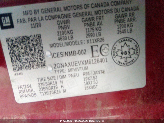 Chevrolet EQUINOX LT 2021 2GNAXUEVXM6126401 Image 10